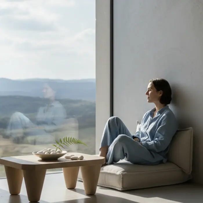 A woman resting by a window in the morning light